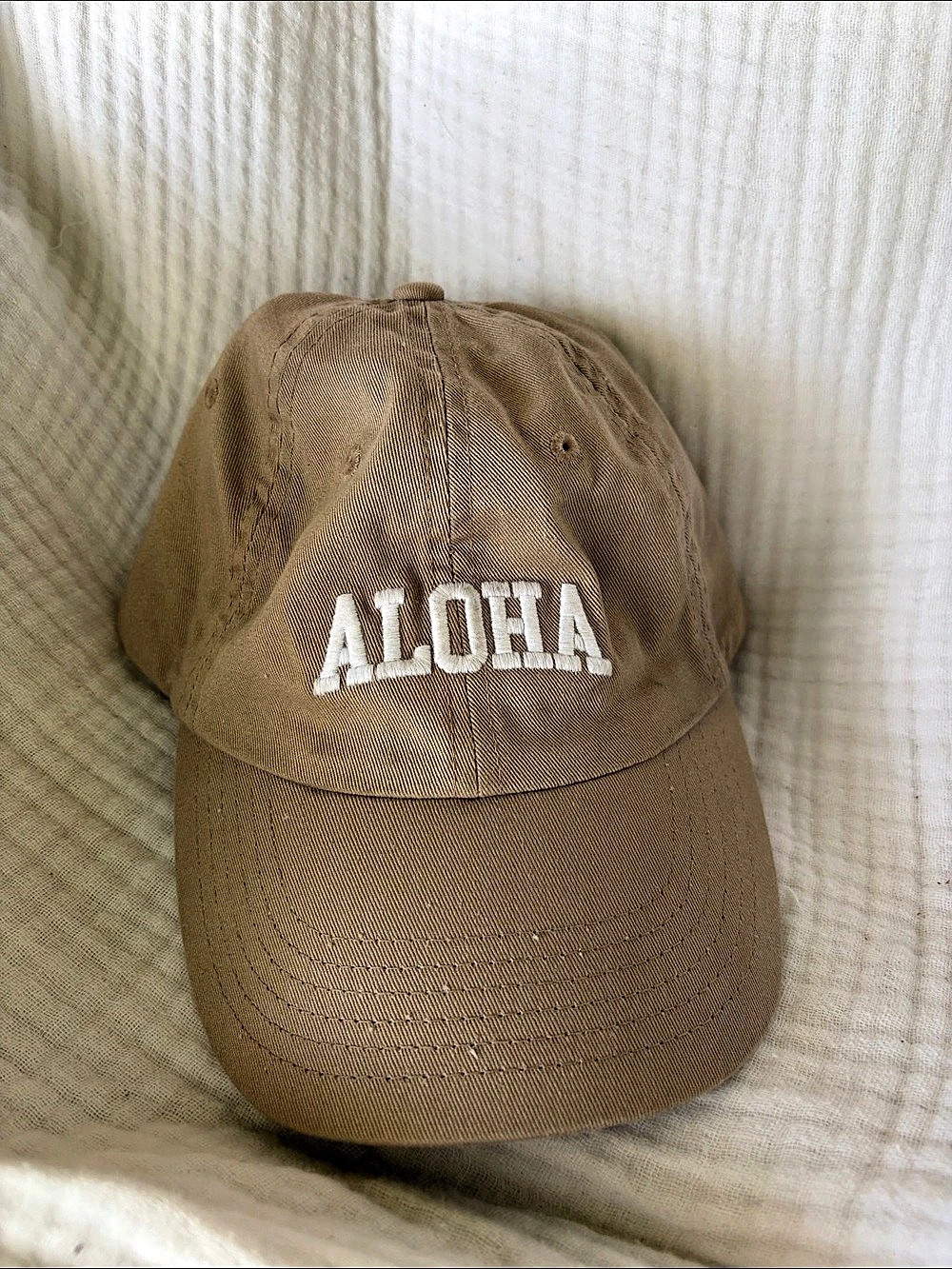 Mahina Aloha Embroidered Baseball Cap in Brown